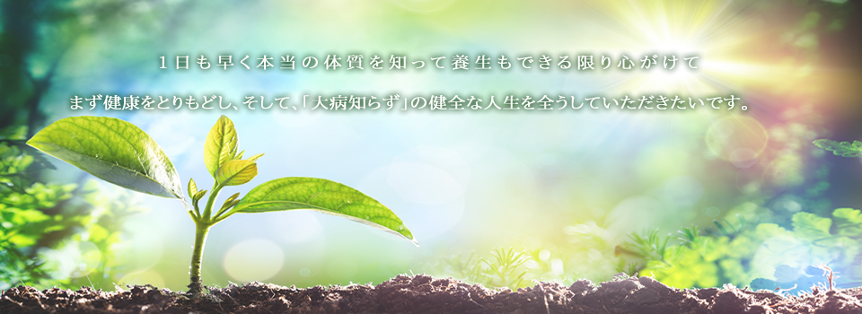 1日も早く本当の体質を知って養生もできる限り心がけてまず健康をとりもどし、そして、「大病知らず」の健全な人生を全うしていただきたいです。